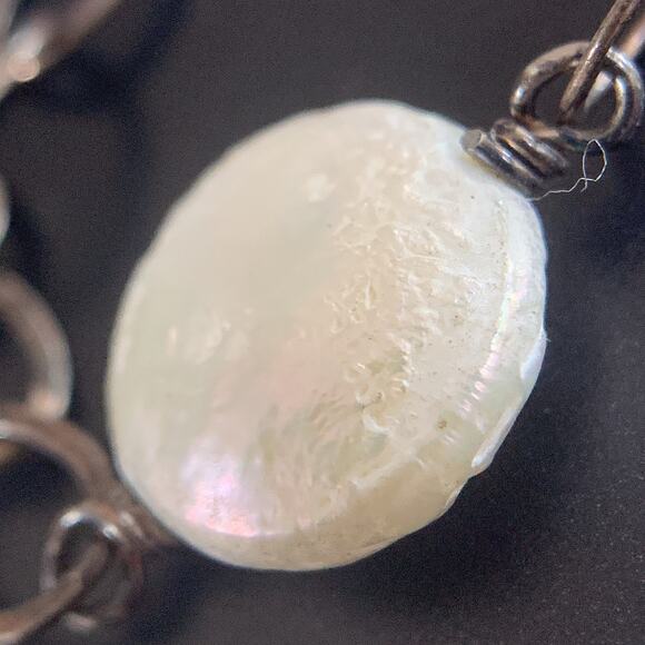 Multi-Strand Pearl Necklace on Oxidized Silver Chain, Boho Style, 13.5" - 16.5" - Picture 9 of 9